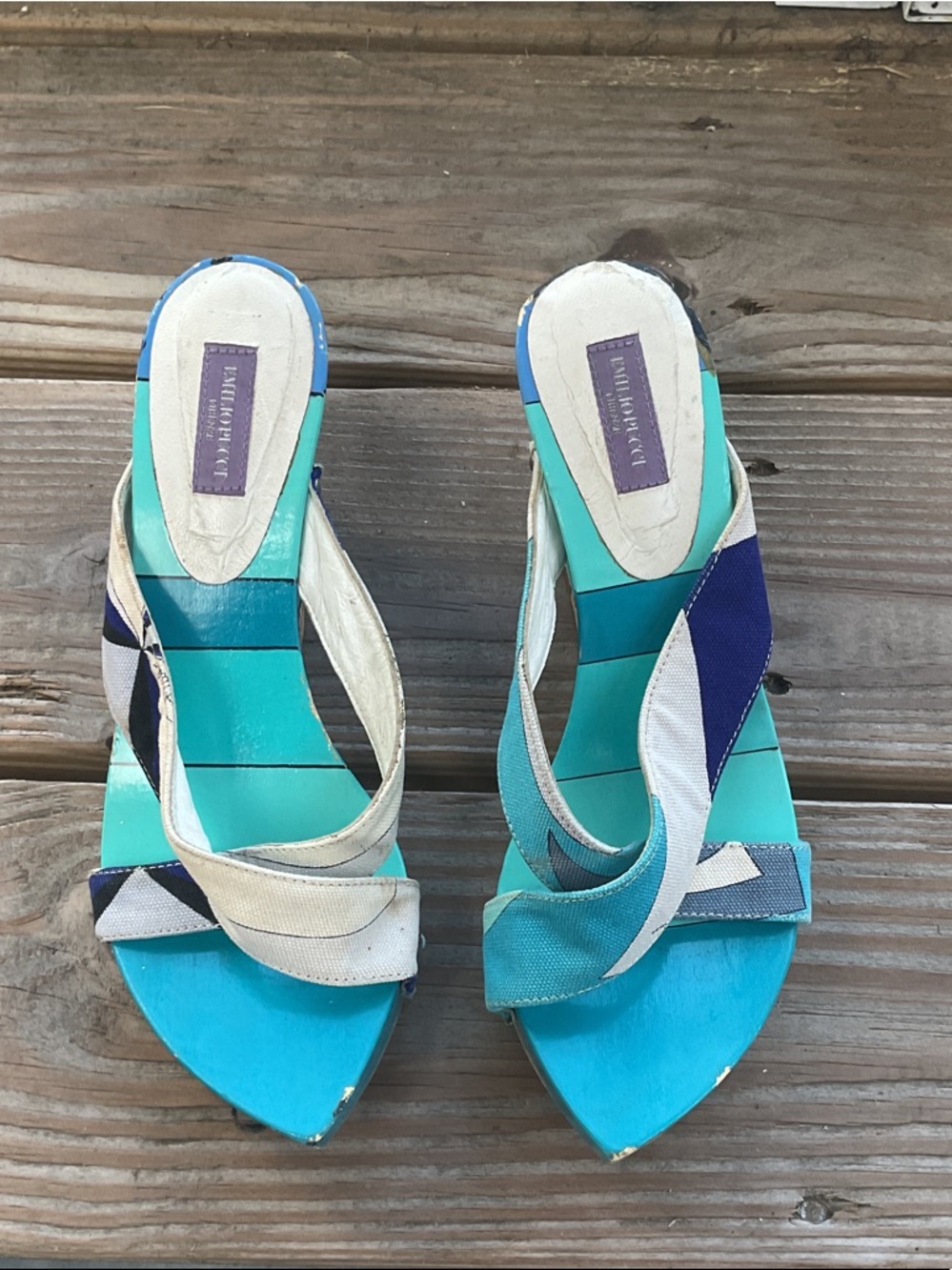 Emilio Pucci Avant Garde Blue Vintage Wedge Sandals, 6.5.